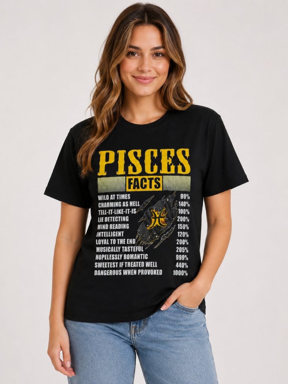 Pisces Facts Graphic T-Shirt Black Size L 100% Cotton Zodiac Astrology